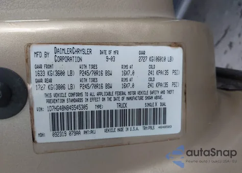 2004 Dodge Dakota Slt из США, поврежденный, VIN 1D7HG48N84S545305